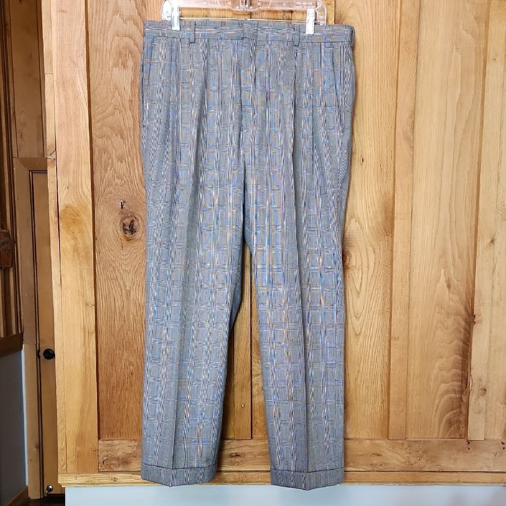 Stafford Black & White Plaid Wool Pleated Cuffed Mid Rise Dress Pants, 36 X 28